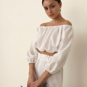 White Linen Pants and Crop Top Set, Pure White Linen Lounge Wear, Beach, House Pajama, Linen Pants and Blouse Set, Summer Set image 1