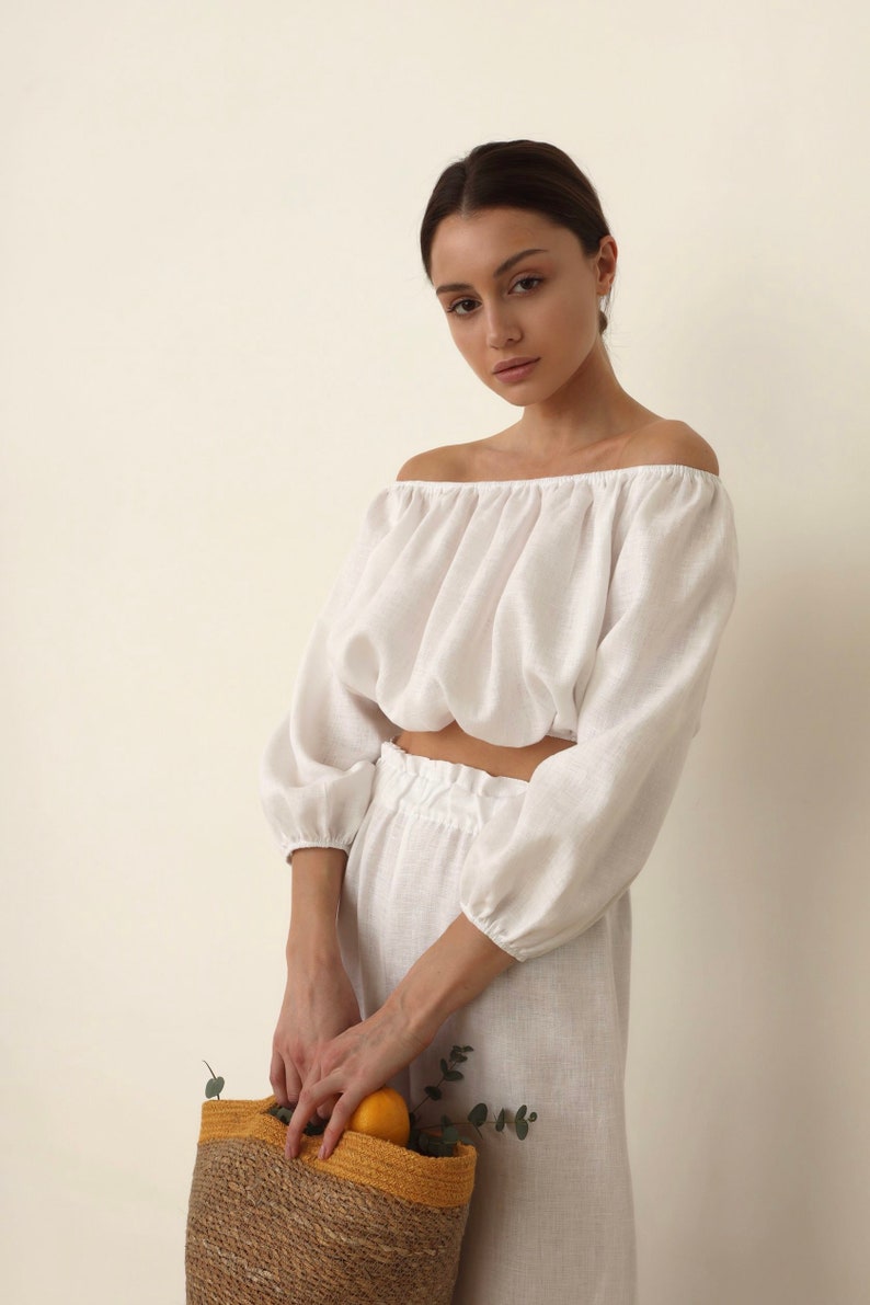white linen pants and top