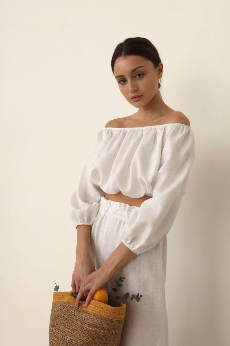 White Linen Pants and Crop Top Set, Pure White Linen Lounge Wear, Beach, House Pajama, Linen Pants and Blouse Set, Summer Set image 1