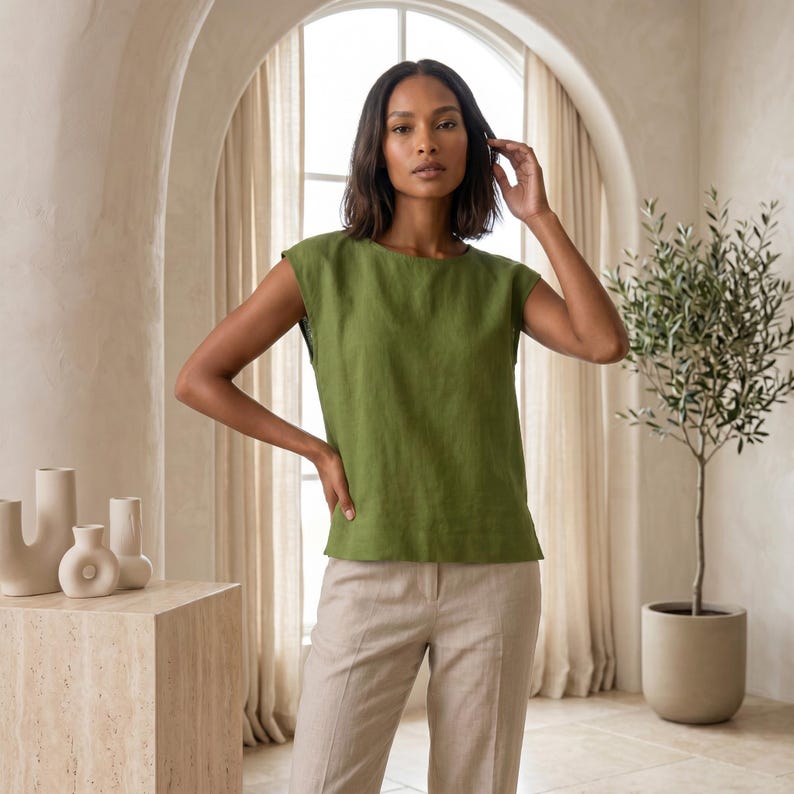 May include: A sleeveless olive green top with a round neckline and a straight hemline, paired with light beige trousers. The top features a simple, clean-cut design with wide shoulder coverage and a relaxed fit, crafted from a solid-colored fabric.