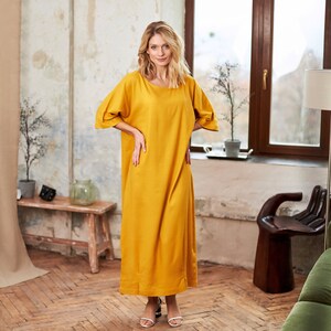 Linen maxi dress, Linen dress with pockets, Linen kaftan dress, Loose linen dress, Yellow linen dress, Linen dress plus size,Oversized dress