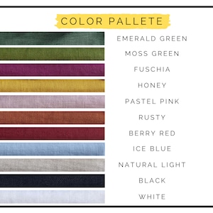 May include: A colour palette chart with 11 fabric swatches, each labelled with a colour name: Emerald Green, Moss Green, Fuschia, Honey, Pastel Pink, Rusty, Berry Red, Ice Blue, Natural Light, Black, and White.