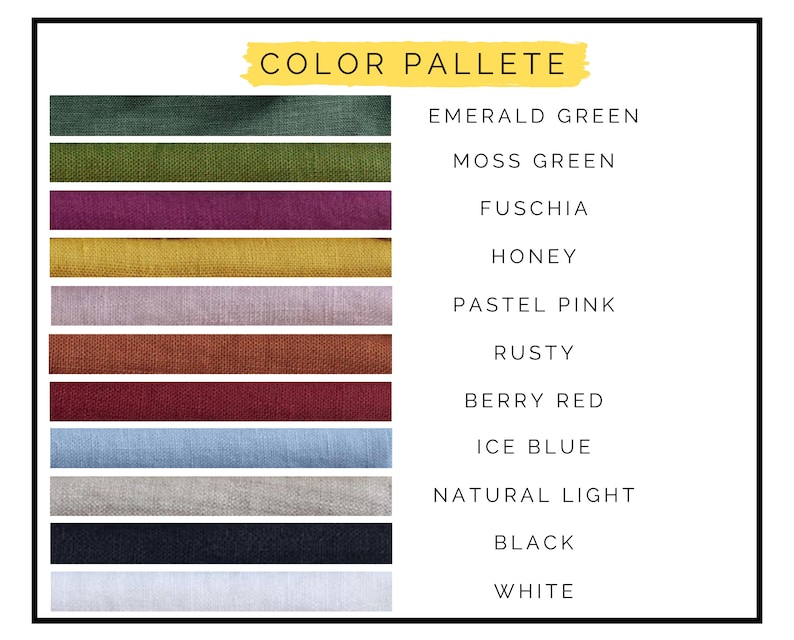 May include: A colour palette chart with 11 fabric swatches, each labelled with a colour name: Emerald Green, Moss Green, Fuschia, Honey, Pastel Pink, Rusty, Berry Red, Ice Blue, Natural Light, Black, and White.