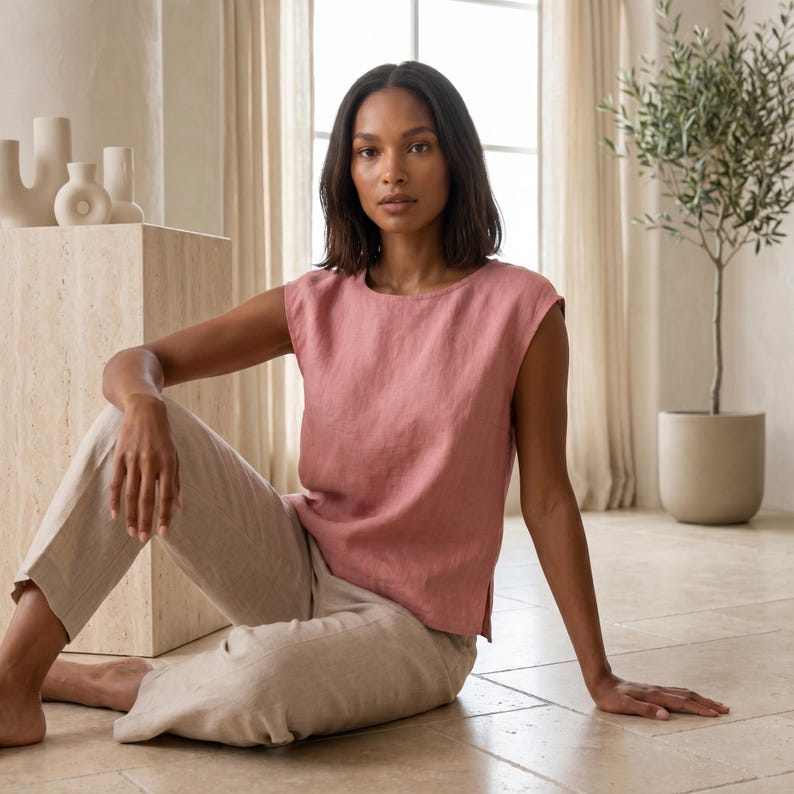 May include: A dusty rose sleeveless top with a round neckline and a straight hem featuring side slits, paired with light beige trousers. The top is constructed from a textured fabric, and the trousers have a relaxed fit with a visible weave pattern.