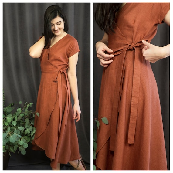 Brown Asymmetric Linen Dress Short Sleeve Plus Size Wrap Dress for Women Casual Summer Linen Outfit Minimalist Everyday Dress Etsy UK
