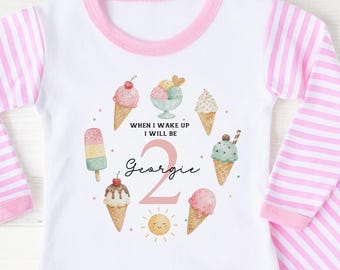 Girl's Ice Cream 2nd Birthday pyjamas, Strawberry birthday pjs Keepsake, Second Birthday baby girl pjs, when i wake up i will be Two