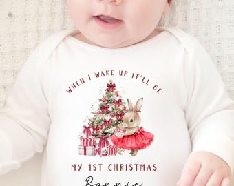 Personalised Baby Girl First Christmas Bunny Rabbit Sleepsuit, When I Wake Up It'll Be My First Christmas Romper, Babygrow