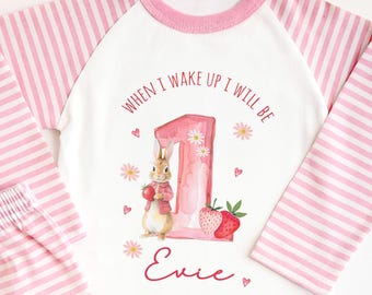 Personalised Girl Pink Strawberry Birthday Pyjamas, When I Wake Up I’ll Be 1 PJs, Toddler Birthday Pjs, Berry First Pyjamas