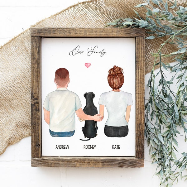 Personalised Family Dog Print, Couple Dog Print, Couple and Pet, Couple illustration, Custom Portrait, Anniversary Gift, Personalised Decor