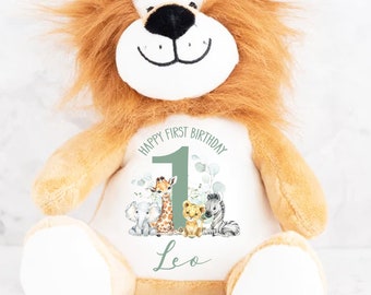 Personalised Teddy , New Baby Gift, Safari Animals, Elephant, Lion, Graiffe, Gifts for Grandchildren, Custom Name, Happy 1st Birthday