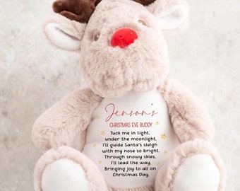 May include: A plush reindeer toy with a white shirt that says "Jenson's Christmas Eve Buddy" and a poem about guiding Santa's sleigh.