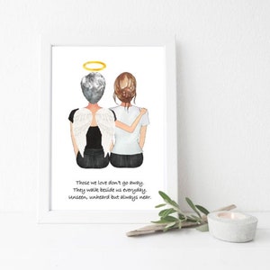 May include: A framed print with a watercolor illustration of two women, one with angel wings. The woman with wings has a halo above her head. The text below the illustration reads: "Those we love don't go away. They walk beside us everyday. unseen, unheard but always near."