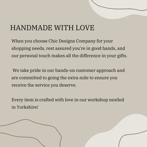 May include: Text on a beige background reads "HANDMADE WITH LOVE." Additional text describes the company's commitment to customer service and crafting items with love in Yorkshire. Decorative shapes are in the background.
