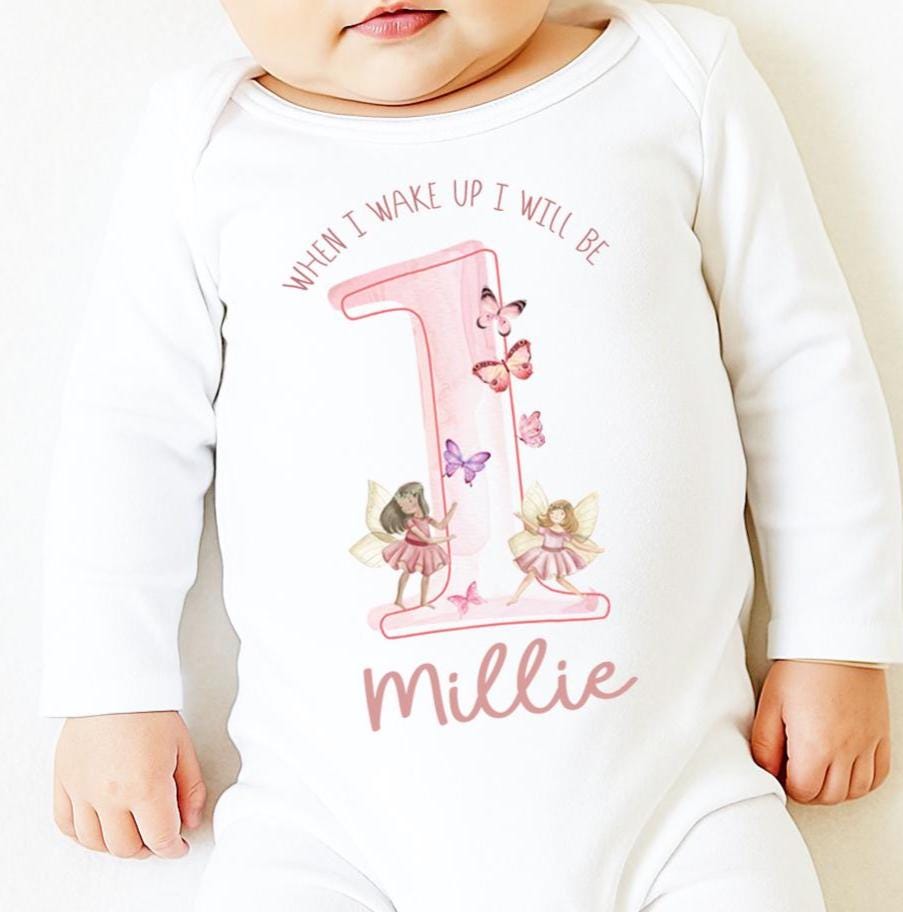 Personalised Fairy 1st birthday sleep suit baby grow, When I wake up I will be one outfit, Butterfly fairy theme birthday