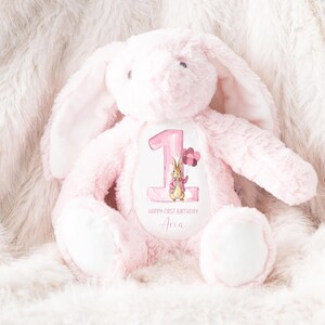 May include: Pink plush bunny rabbit with a white embroidered patch featuring a number one, a bunny rabbit illustration, and the text "Happy First Birthday Aria".