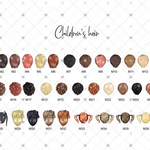 May include: A chart of 37 different hair styles for children. The hair styles are illustrated as back views of heads with different colors and textures of hair.