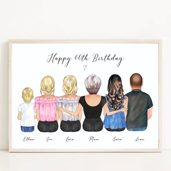 Happy 60th Birthday Gift, Personalized Mum Birthday Gift, 60th Birthday Gift idea, Custom birthday print, Family Birthday, family drawing