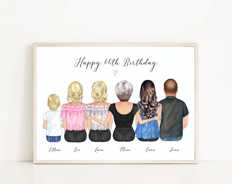 May include: A personalized family portrait illustration with the text "Happy 60th Birthday" at the top. The illustration features six people, including a boy, two women with long hair, two women with short hair, and a man, all standing in a row with their backs to the viewer. Each person is labeled with their name: Ethan, Zoe, Lara, Mum, Sara, and Ivan.