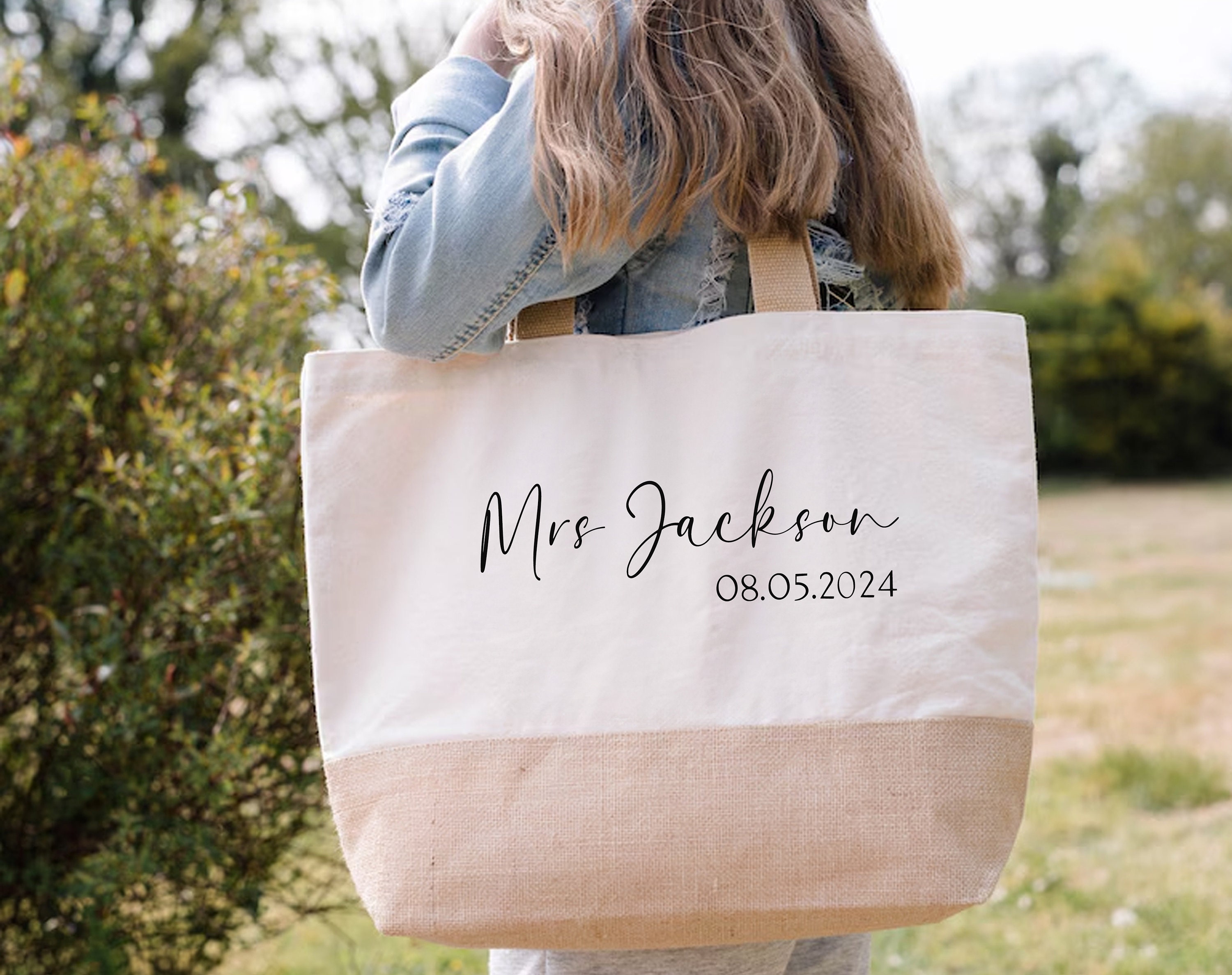 Custom The Bride Beach Bag, Personalised Name Hen Do Bachelorette Party Bridesmaid Bridal Team Jute Wedding Bag