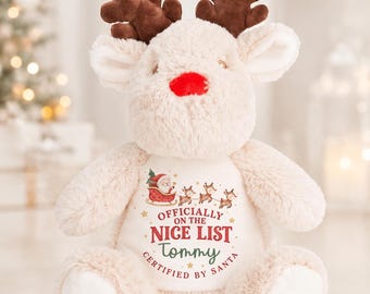 On The Nice List Christmas Eve Box Filler Small Rudolf Reindeer Christmas Teddy Bear Plushie Children's Kids Name Gift Present Keepsake