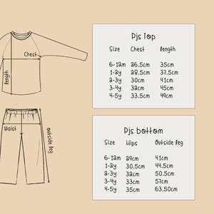 May include: An illustration of a pajama set, including a long-sleeved top and pants, with measurements in centimeters. The top's chest measurements range from 26.5cm to 33.5cm, and the length from 35cm to 49cm. The pants' hip measurements range from 29cm to 35cm, and the outside leg from 41cm to 63.50cm.