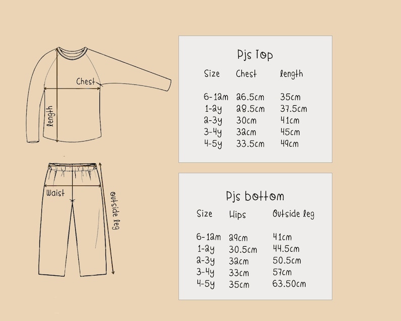 May include: An illustration of a pajama set, including a long-sleeved top and pants, with measurements in centimeters. The top's chest measurements range from 26.5cm to 33.5cm, and the length from 35cm to 49cm. The pants' hip measurements range from 29cm to 35cm, and the outside leg from 41cm to 63.50cm.
