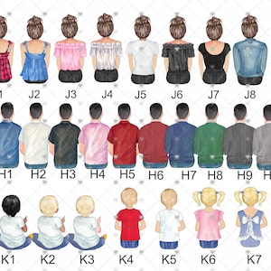 May include: A digital illustration of 17 people, including adults and children, with different hairstyles and clothing. The people are arranged in three rows, with the adults in the top two rows and the children in the bottom row. The people are all facing forward and have their backs to the viewer. The illustration is on a white background.