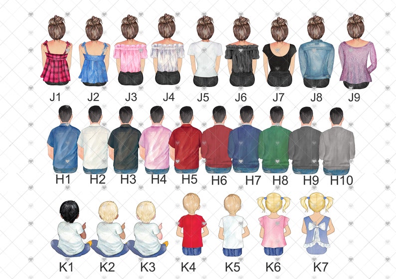 May include: A digital illustration of 17 people, including adults and children, with different hairstyles and clothing. The people are arranged in three rows, with the adults in the top two rows and the children in the bottom row. The people are all facing forward and have their backs to the viewer. The illustration is on a white background.