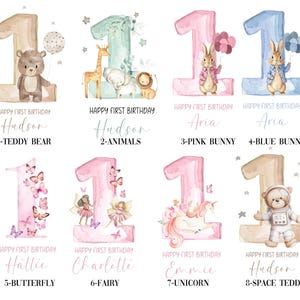 May include: Eight different watercolor illustrations of the number one with various themes. The themes include a teddy bear, animals, a pink bunny, a blue bunny, butterflies, a fairy, a unicorn, and a space teddy. Each illustration has a name and a number below it. The names are Hudson, Aria, Hattie, Charlotte, Emmie, and Hudson.