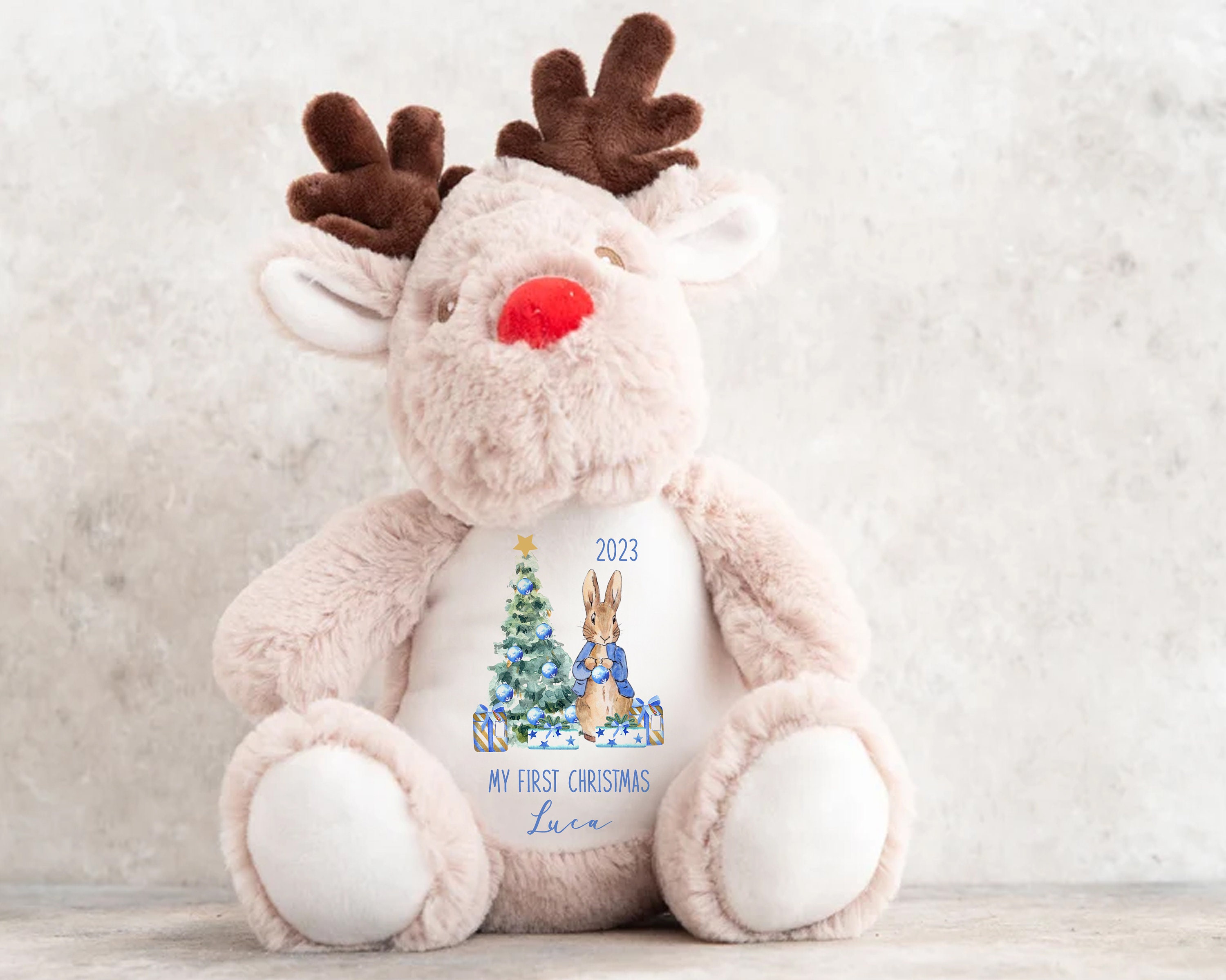 Personalised Small Rudolf Reindeer Christmas Teddy Bear Plushie Baby&#39;s First 1st Xmas Children&#39;s Kids Name Gift Present Keepsake