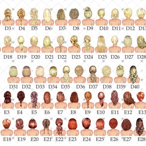 May include: A set of 30 illustrated images of women with different hairstyles, each labeled with a number from D1 to E30. The images are in a grid format, with each image showing a woman from the back, with her hair styled in a different way.