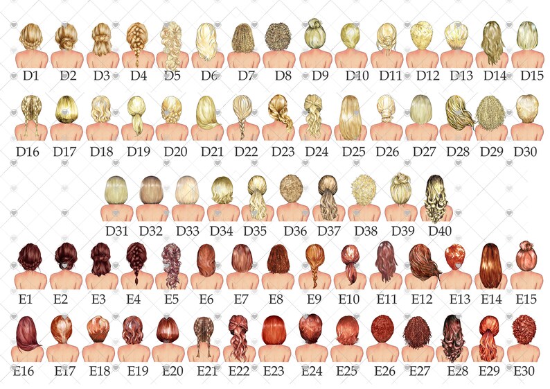May include: A set of 30 illustrated images of women with different hairstyles, each labeled with a number from D1 to E30. The images are in a grid format, with each image showing a woman from the back, with her hair styled in a different way.