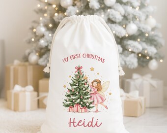 Personalised My First Christmas Fairy Sack, Baby's 1st Christmas Gift Bag, Custom Name Christmas Eve Bag, Xmas Santa Sack, Baby Keepsake