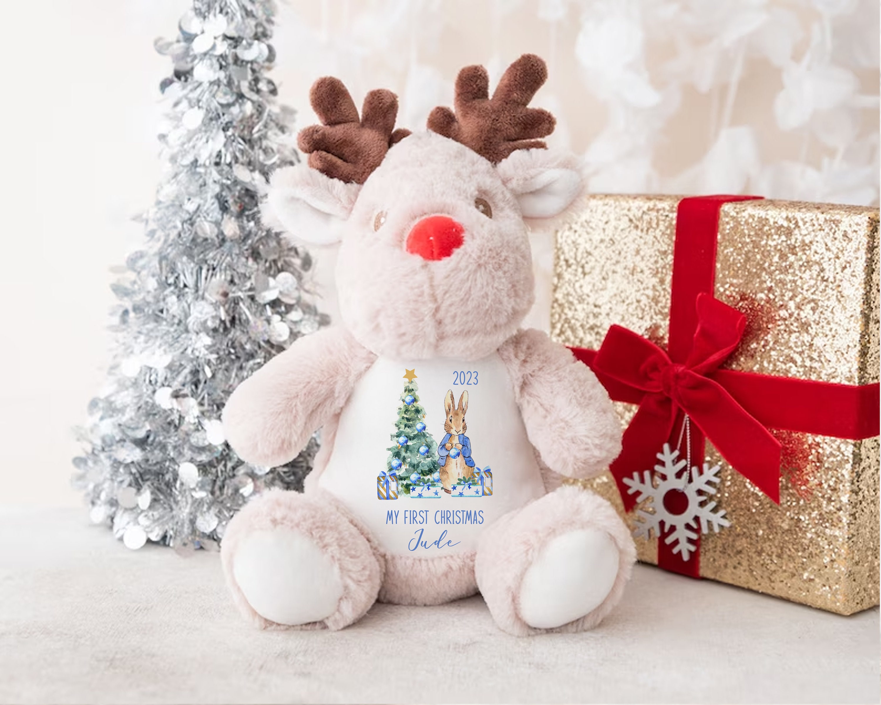 Personalised Small Rudolf Reindeer Christmas Teddy Bear Plushie Baby&#39;s First 1st Xmas Children&#39;s Kids Name Gift Present Keepsake