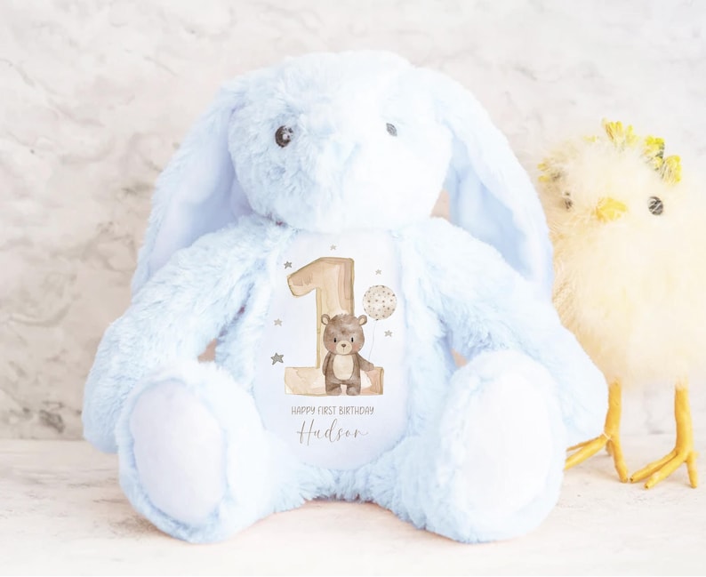 May include: A light blue plush bunny with a personalized patch that says "Happy First Birthday Hudson" and features a brown bear with a balloon. The bunny is sitting on a white surface.