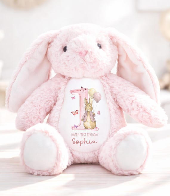 Personalised First Birthday Gift,  1st Birthday Custom Name Bunny Soft Toy Keepsake