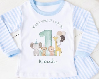 Safari Jungle Animal First Birthday Pyjamas , When I Wake Up I Will Be One Custom 1st Birthday Pjs, Personalized First Birthday Pjs