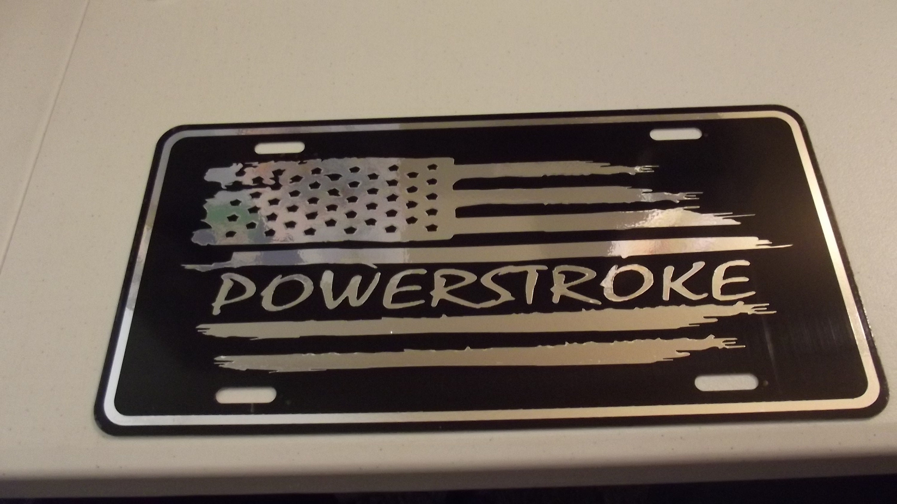 American Rustic Flag Powerstroke Chrome on Black License Plate Etsy