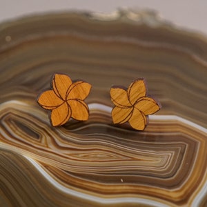 Plumeria Earrings on Cherry Hardwood