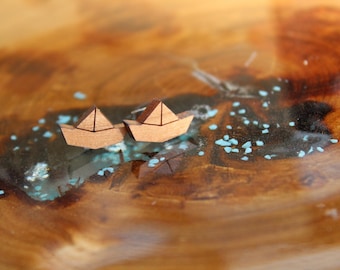 Origami Paper Boat White Painted Wood Stud Earrings Sailor Captain Cute Boating Jewelry