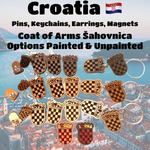 Croatian Šahovnica Coat of Arms Hardwood Pin, Keychains, Earrings, Magnets, Medallions