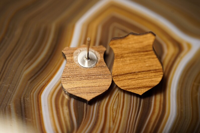 Walnut Police Earrings Blue Line, American Flag, Heart, Badge