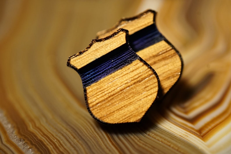 Walnut Police Earrings Blue Line, American Flag, Heart, Badge