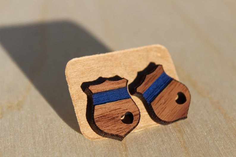 Walnut Police Earrings Blue Line, American Flag, Heart, Badge