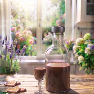 以下が含まれることがあります： 茶色の液体が入った透明なガラス瓶と、同じ飲み物が入ったステム付きのグラス、そしてハート型のクッキー2枚。瓶にはシンプルな銀色のキャップが付いており、滑らかな円筒形のボディをしています。