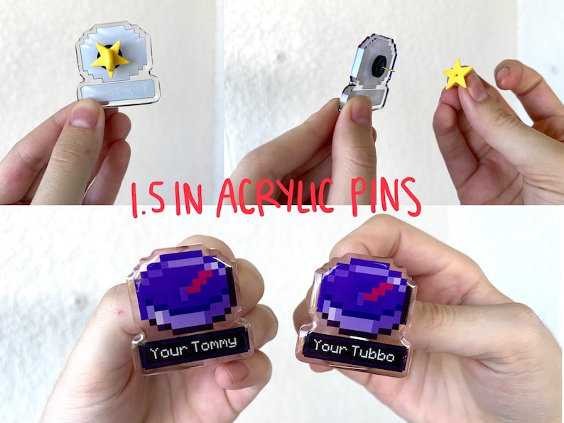 Puede incluir: Dos pines de acr&iacute;lico de 3,8 cm que presentan dise&ntilde;os de pixel art de un bloque morado con una franja roja. Los pines tienen un fondo transparente y una etiqueta de texto negra en la parte inferior. El texto del pin izquierdo dice "Your Tommy" y el texto del pin derecho dice "Your Tubbo".