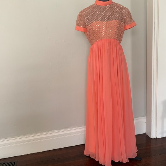 60s Peach Pink Dress with Silver Sequined Honeyco… - image 3