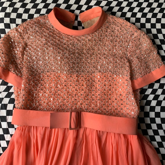 60s Peach Pink Dress with Silver Sequined Honeyco… - image 1