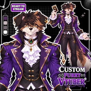 May include: A digital illustration of an anthropomorphic dog character wearing a purple tailcoat, black vest, and white ruffled cravat with a green gemstone pendant. The character wears glasses and holds a playing card. Text reads READY TO STREAM.