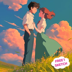 カスタムアニメジブリスタイルアート | カップル、家族、ペットのためのアニメポートレート、パーソナライズされたアニメ、バレンタインギフト、写真からのアニメ